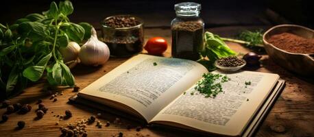 Print Recipe Book with Fresh Herbs and Spices on Wooden Background. photo