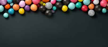 A horizontal banner with a gray and black paper background displays colorful candy balls and photo