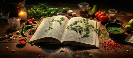 impresión receta libro con Fresco hierbas y especias en de madera antecedentes. foto