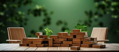 How to relax and relieve stress from work using brick blocks. A wooden table against a green photo