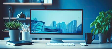 A computer screen with a generic design is shown in a business office room in blue tones. includes photo