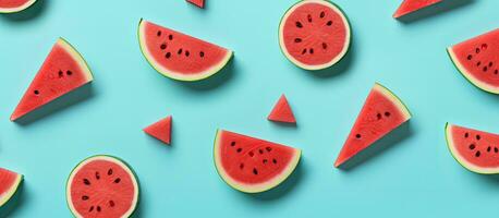 The Watermelon Pattern is a design featuring a red watermelon on a blue background. It represents photo