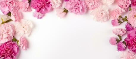 A pink carnation flower frame on a white background with a blank space in the middle. It is photo
