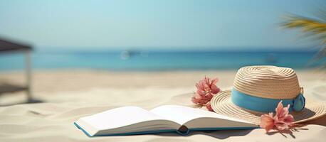 A blank writing book with summer beach accessories in the background, perfect for writing, is photo