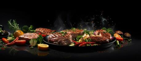 Gourmet cooked meats and vegetables are placed in frying pans with seasoning and garnishes on photo