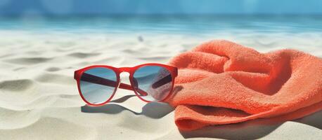 A sunny beach with red sunglasses, a sunhat, and a rolled beach towel is the perfect spot for photo