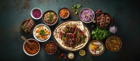 Arabic and Middle Eastern food displayed on a dinner table. The meal includes meat kebab, hummus, photo