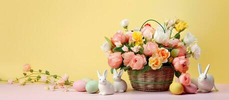 Pascua de Resurrección es un alegre fiesta ese incluye Pascua de Resurrección huevos, conejos, y un verde cesta en un rosado foto