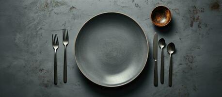 A gray table with no food but with cutlery on top when viewed from above. photo