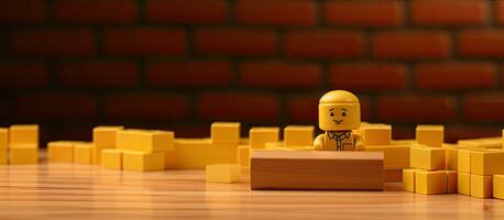 Resting from work is symbolized by brick blocks on a beautiful wooden table with a yellow background. photo