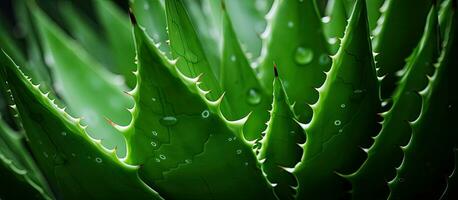 An extreme closeup image of a green aloe vera plant, captured in full-frame photography. photo