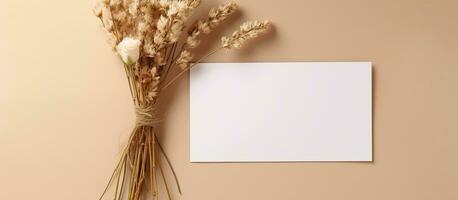 Top view of a blank white card for text and envelope placed beside a bouquet of dried Lagurus photo