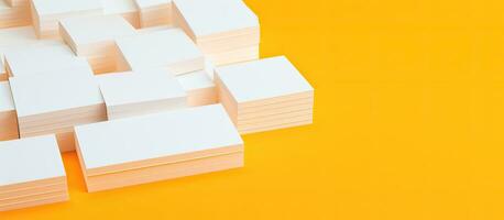 White business cards with space for writing on a yellow and orange background. Representing photo