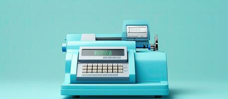 blue background, terminal cash register machine that is used for making payments. It includes photo