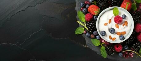 top view of Greek yogurt with granola and fresh berries on a black stone table. It can be considered photo