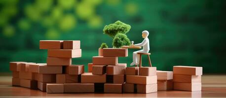 How to relax and relieve stress from work using brick blocks. A wooden table against a green photo