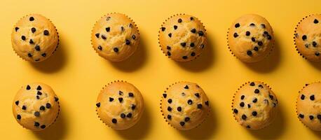 Top-down view of homemade muffins on a yellow background with empty space around them. photo