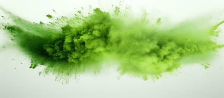 Green powder or dust explosion in a square border on a white backdrop, available space for use. photo