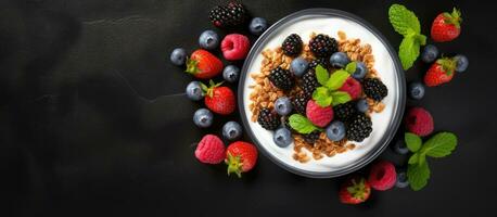 top view of Greek yogurt with granola and fresh berries on a black stone table. It can be considered photo