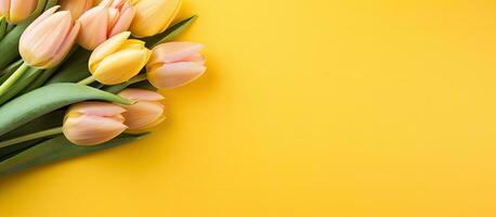 A yellow tulip bouquet is displayed on a cork note board against a pink background. empty space photo