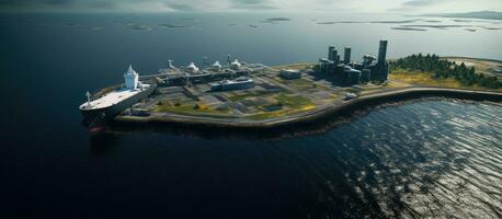 aerial drone capturing an ultra-wide panoramic photo of a Liquified Natural Gas LNG tanker