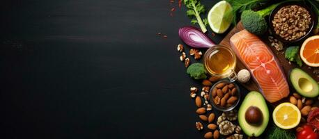 Top view of various food sources of omega 3 on a dark background with copy space. These include photo