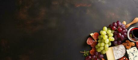 Red And White Wine Bottles, Grape, Cheese And Sausages Over Stone Table. Top View With Copy photo