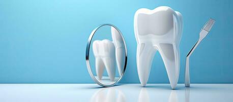 The color blue serves as a background while dentist tools such as a mirror and hook are present. photo