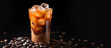 Cold Coffee With Ice And Beans On Brown Surface Copy Space photo