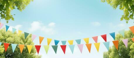 The background template banner with copy space features a colorful pennant string decoration photo