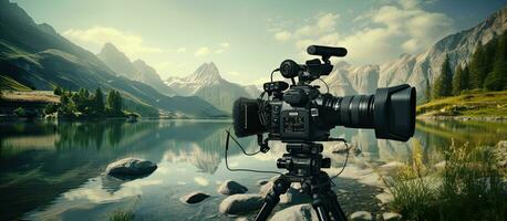 A banner with copy space featuring a professional video camera against a background of a lake photo