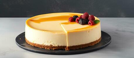 A classic New York style cheesecake displayed on a gray background. This image is ideal for photo