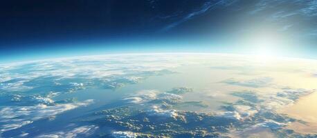 A wide-angle view of planet Earth with ample space for text or images. Materials for this image photo