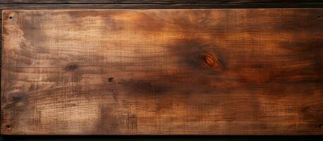 old cutting board on a dark wooden table. The view is from above and space available for copying. photo
