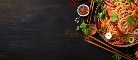 A panoramic view of Asian noodles and vegetables, suitable for vegan and vegetarian diets. It photo