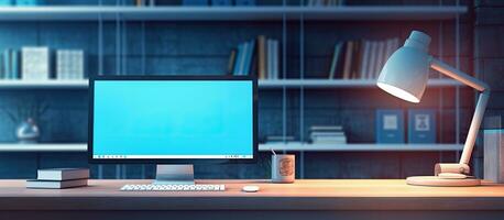 A computer screen with a generic design is shown in a business office room in blue tones. includes photo