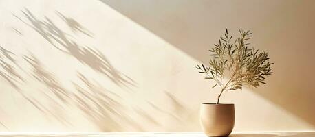 Modern minimal summer scene with an olive tree branch in the sunlight casting long shadows on photo