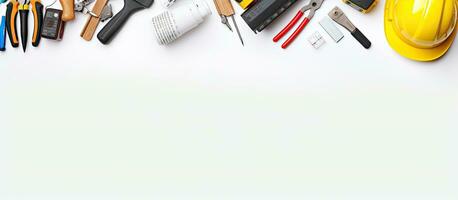 electrician equipment on a white background with empty space for text. It is taken from a top photo