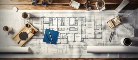 The top view of an architects workplace includes architectural project blueprints, blueprint photo