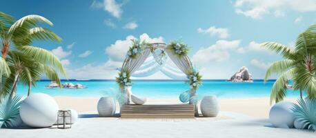 A 3D stage on a beach with a blue sky and white clouds in the background is available for displaying photo