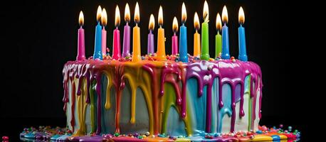 Rainbow birthday cake adorned with candles in various colors and decorative icing dripping down photo