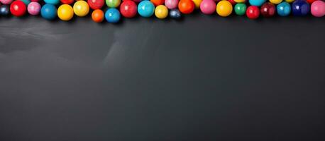 A horizontal banner with copy space featuring colorful candy balls on a gray and black paper photo