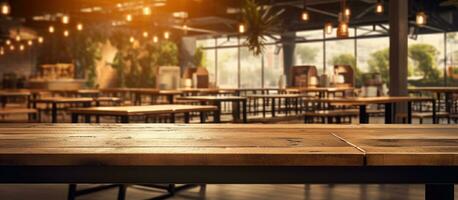 Background Image Of Empty Food Court Interior With Wooden Tables And Warm Cozy Light Setting, photo