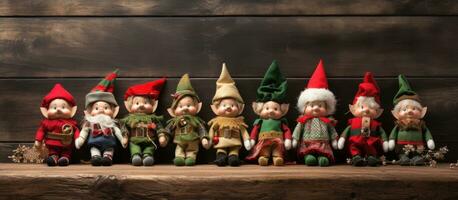 Christmas elves clothing and dolls arranged on a wooden background. empty space around them photo