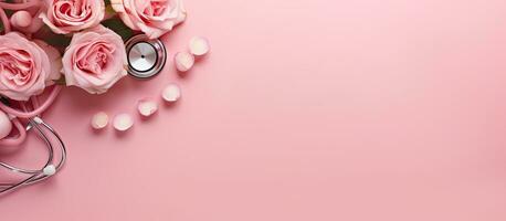 A top-down view of roses with a stethoscope on a pink background, with space for text. Celebrating photo