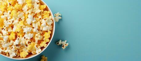 The bowl of colorful popcorn sits on a yellow desk with a view from above, providing ample copy photo