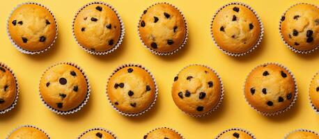 Top-down view of homemade muffins on a yellow background with empty space around them. photo