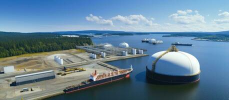 aéreo zumbido capturar un ultra ancho panorámico foto de un licuado natural gas lng petrolero