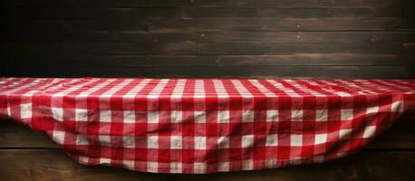 A white, old, vintage wooden table is adorned with a red checkered tablecloth. photo