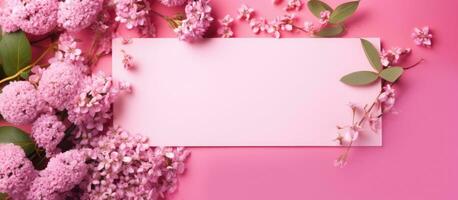 The greeting card has a flat lay with a pink background and pink flowers, creating a pattern. photo